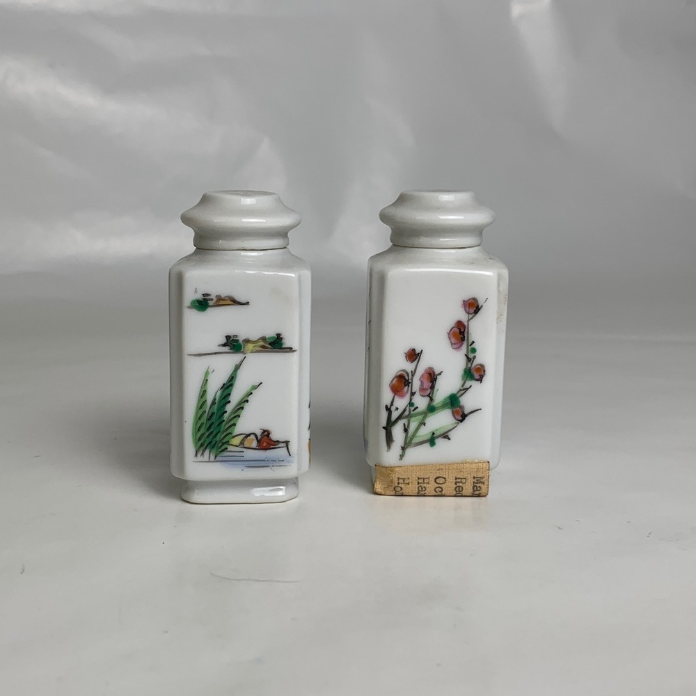 Vintage 1965 Hand Painted Hong Kong Porcelain Salt and Pepper Shakers Set White
